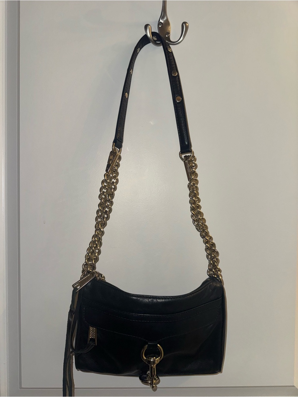 Rebecca Minkoff Black Leather Shoulder Bag with Gold Chain Strap